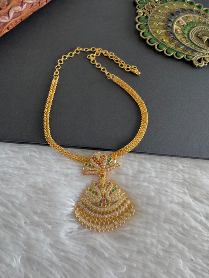 Gold tone South Indian style AD white-ruby-green swan attigai/necklace dj-52213