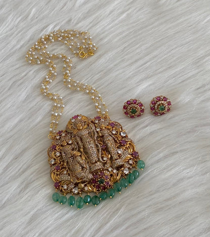 Antique gold tone pearl chain with green beaded ram parivar pendant set dj-55117