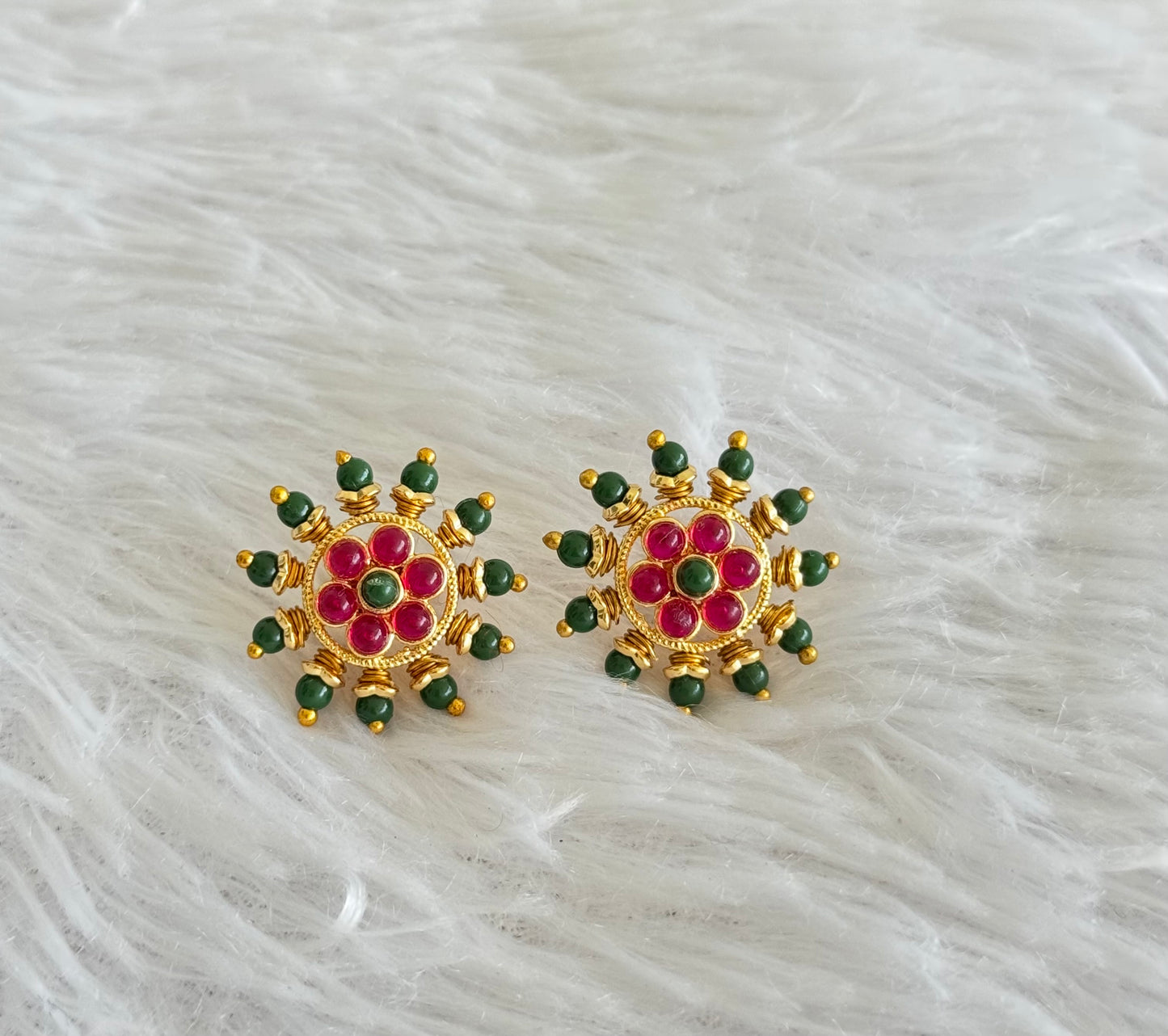 Gold tone pink-green round beaded stud/earrings dj-51597