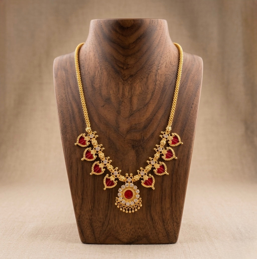 Gold tone white-red palakka necklace dj-53068