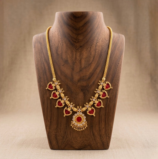 Gold tone white-red palakka necklace dj-53068