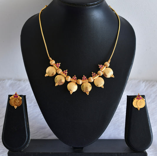 Gold tone pink stone lakshmi coin necklace set dj-53053