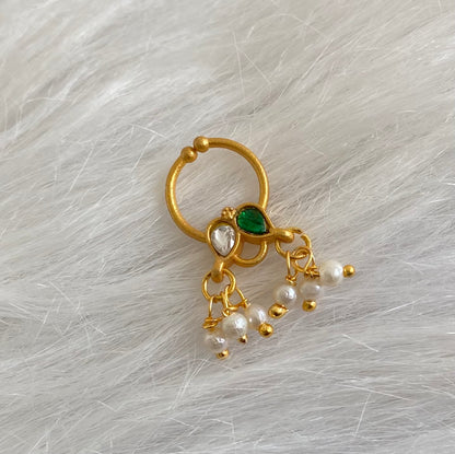 Gold tone kundan jadau green-white stone pearl nose pin/bulakku dj-53806