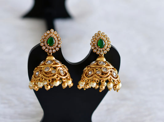 Antique gold tone green-pearl jhumkka dj-51937