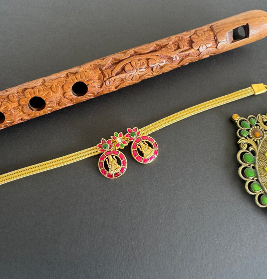 Antique gold tone pink-green kundan jadau Lakshmi necklace dj-35016