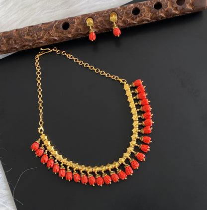 Antique gold tone red tulip beaded necklace set dj-54190