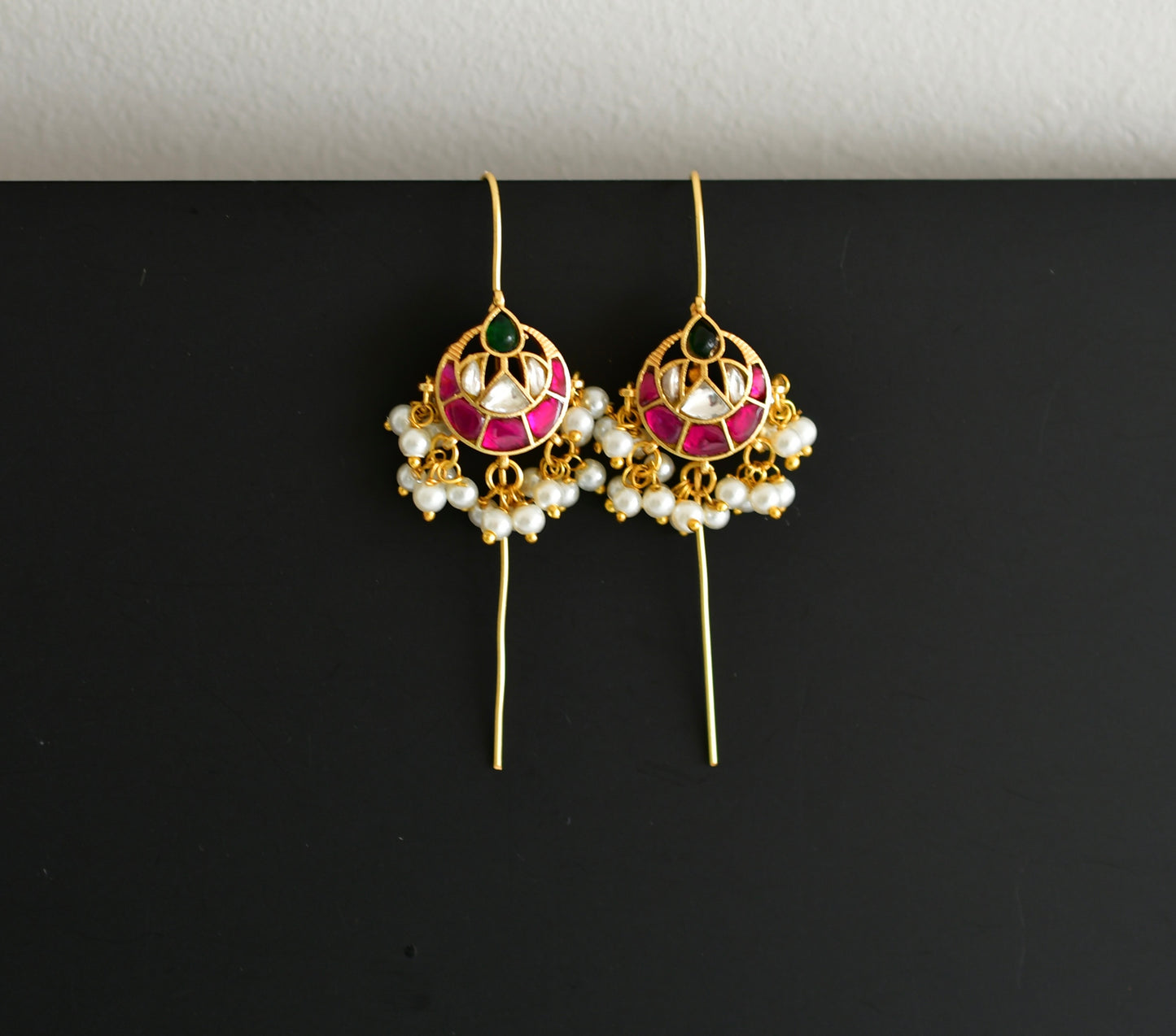 Gold tone pink-green-white kundan jadau bali bugadi needle earrings dj-52456