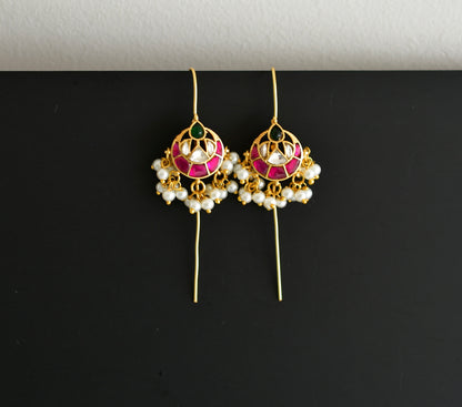 Gold tone pink-green-white kundan jadau bali bugadi needle earrings dj-52456
