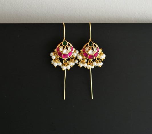 Gold tone pink-green-white kundan jadau bali bugadi needle earrings dj-52456