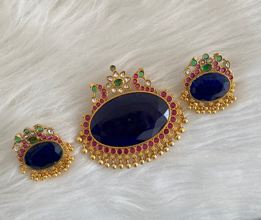 Matte finish peacock big blue oval stone pendant set dj-54496