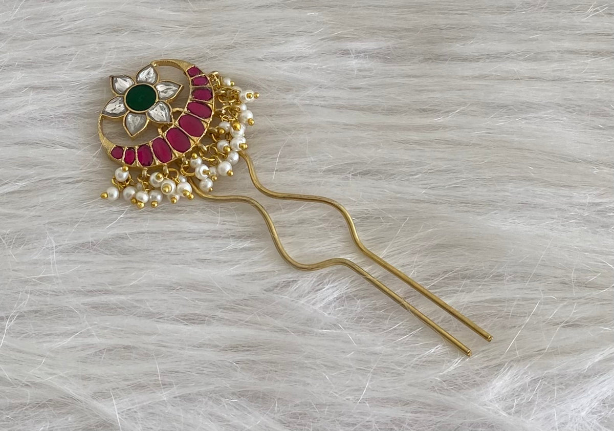Gold tone kundan jadau kemp-green-white pearl moon flower hair jewel/pin dj-55066