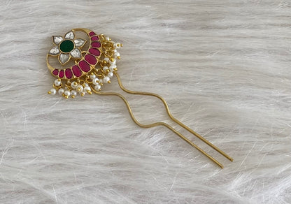 Gold tone kundan jadau kemp-green-white pearl moon flower hair jewel/pin dj-55066