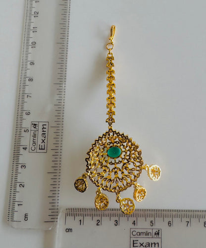 Two tone cz-peacock green thilak stone tikka dj-51369