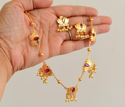 Gold tone white-pink lotus pearl necklace set dj-53335