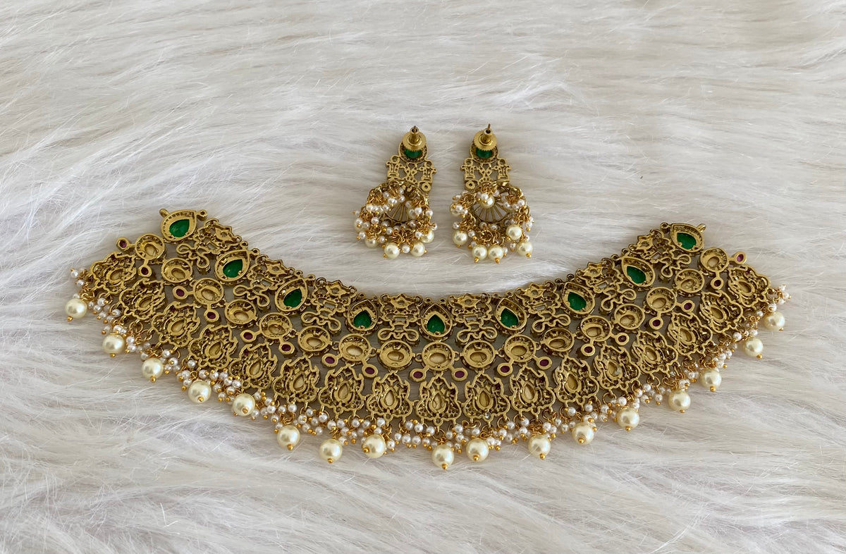 Antique gold tone peacock kundan pearl choker necklace set dj-54805