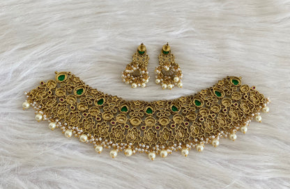 Antique gold tone peacock kundan pearl choker necklace set dj-54805