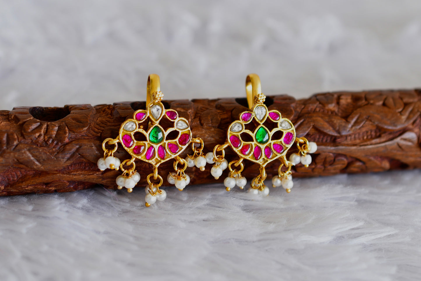 Gold tone pink-green-white kundan jadau bugadi earrings dj-52475