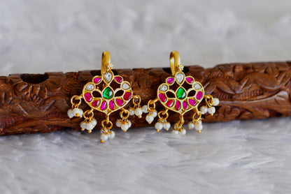 Gold tone pink-green-white kundan jadau bugadi earrings dj-52475