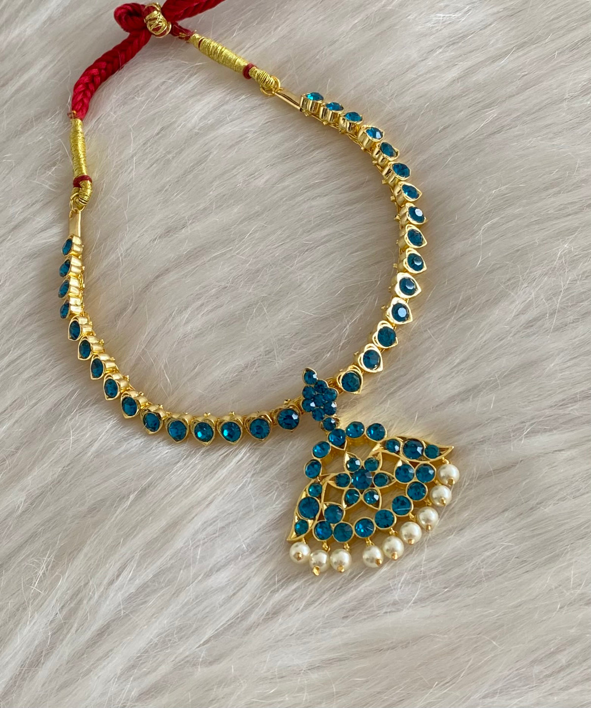 Gold tone AD cerulean blue stone pearl attigai flower necklace dj-55131
