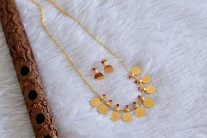 Gold tone pink stone lakshmi coin necklace set dj-50282
