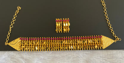 Gold look alike ruby stone elakka thali choker necklace dj-52751