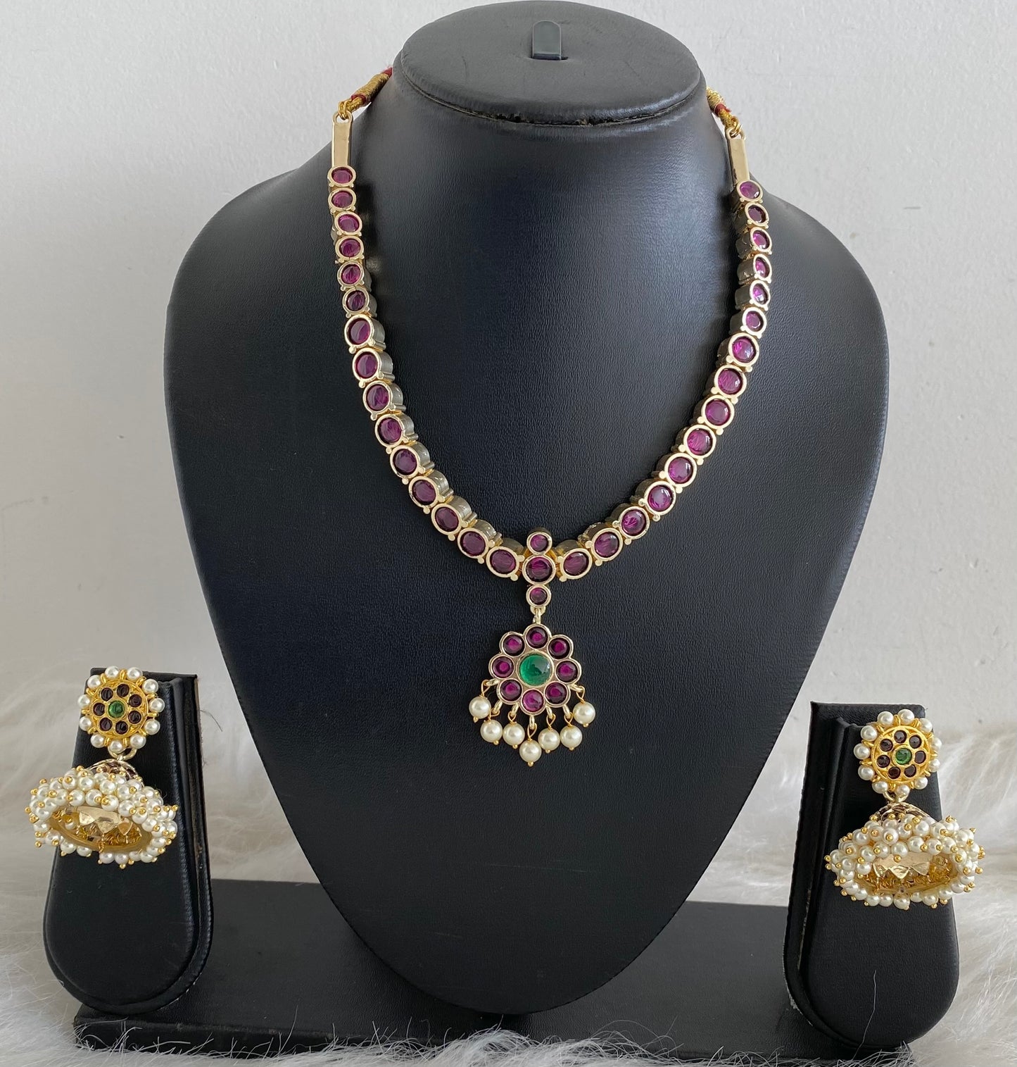 Gold tone precious kemp-green pearl necklace set dj-54519