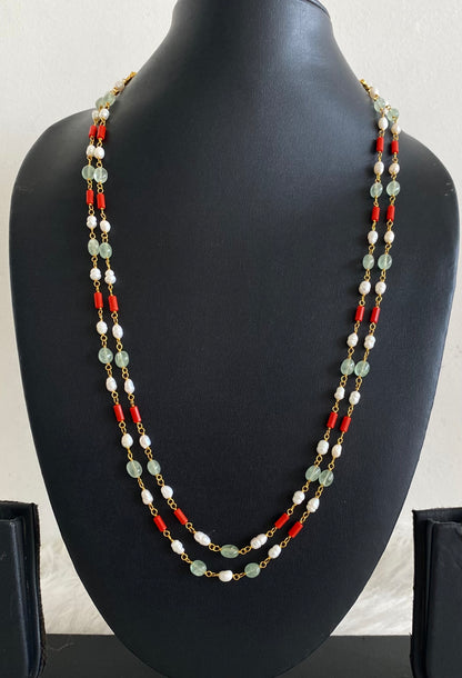 Antique gold tone double layer coral-pearl beaded necklace dj-54980