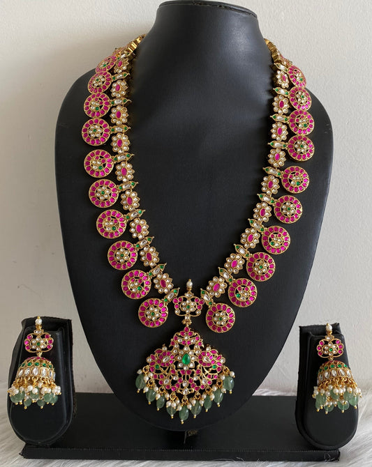 Antique gold tone peacock green beaded kundan jadau bottu mala/haar set dj-54159