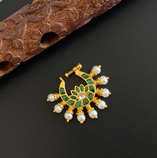 Gold tone kundan jadau green-white stone pearl nose pin dj-53716