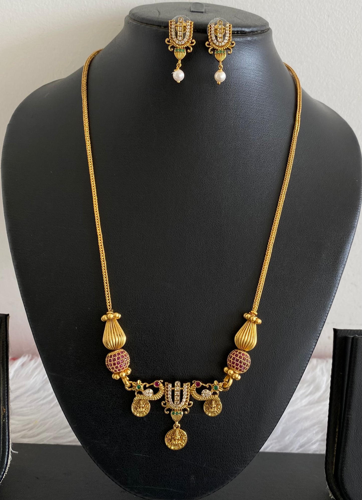 Matte finish pink-green-white thirumal nama beaded chain set dj-54011