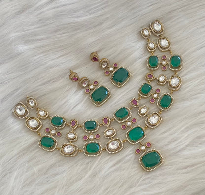 Antique gold tone green-pink-white necklace set dj-54800