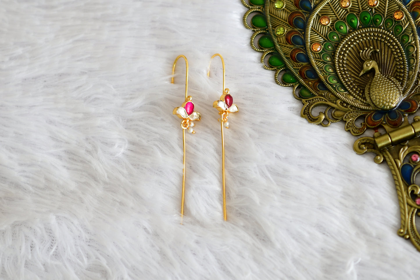 Gold tone pink-white kundan jadau flower bugadi needle earrings dj-52454