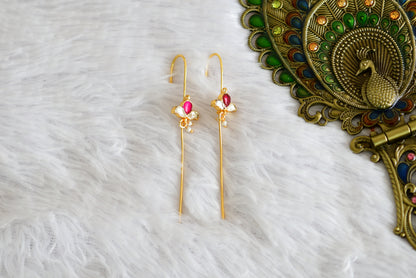 Gold tone pink-white kundan jadau flower bugadi needle earrings dj-52454