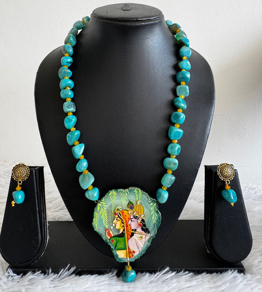 Hand painted radhe-krishna sliced agate pendant with sea green onyx beaded necklace set dj-52626
