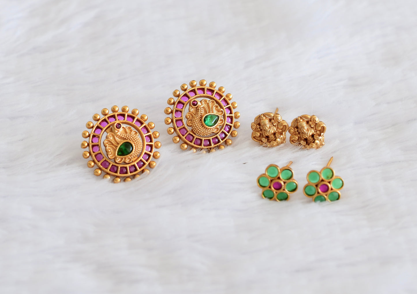 Matte finish cz pink-green peacock lakshmi flower changeable stud/earrings dj-52988