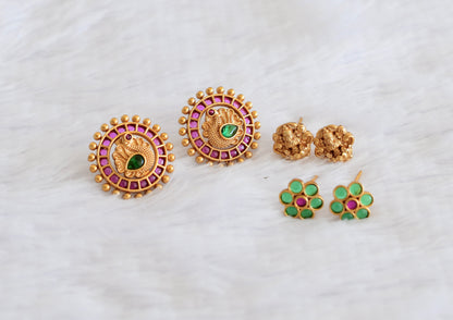 Matte finish cz pink-green peacock lakshmi flower changeable stud/earrings dj-52988