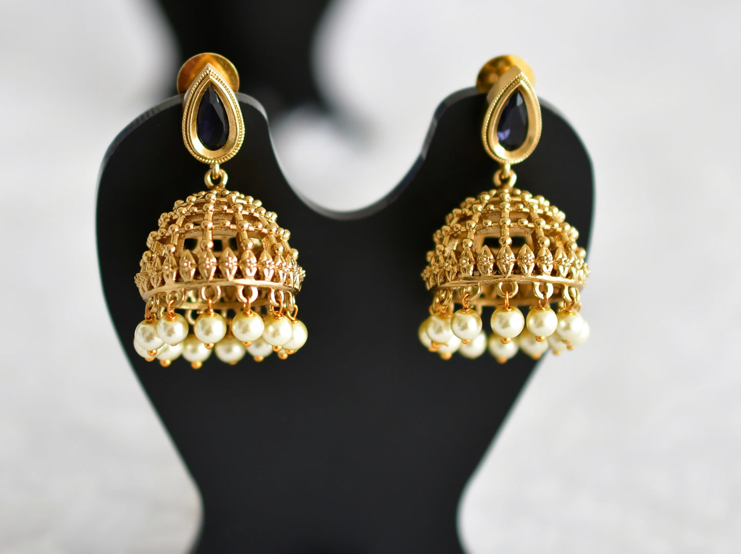Antique gold tone purple thilak stone pearl jhumkka dj-51854