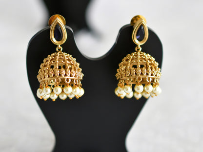 Antique gold tone purple thilak stone pearl jhumkka dj-51854