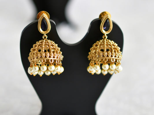 Antique gold tone purple thilak stone pearl jhumkka dj-51854