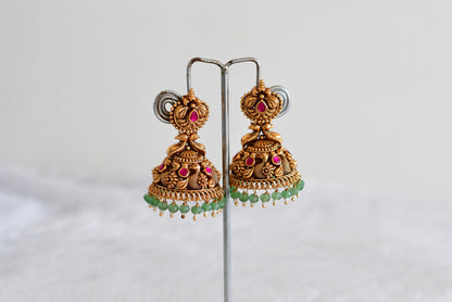 Antique gold tone pink green beaded swan jhumkka dj-52504