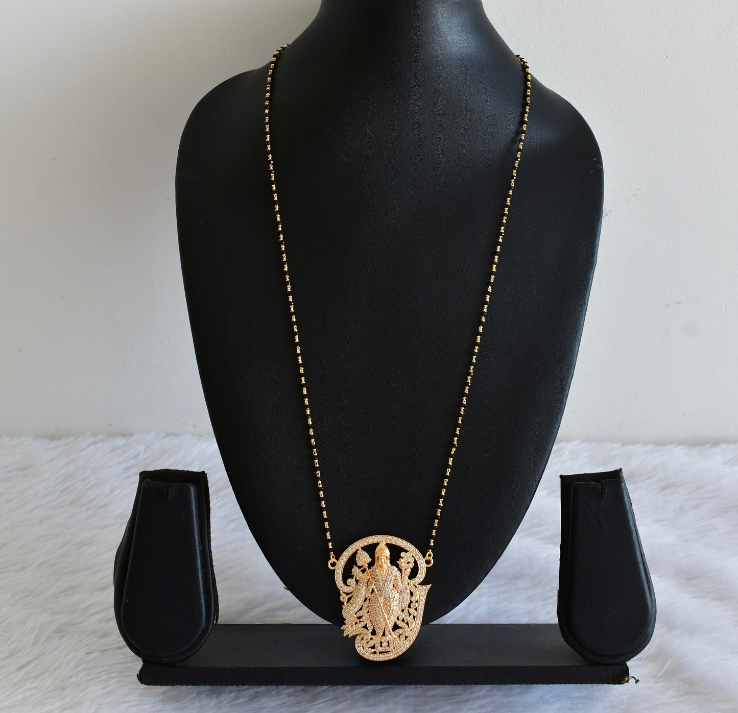 Gold tone tamil om murugan white stone pendant with crystal karimani beaded chain dj-53341