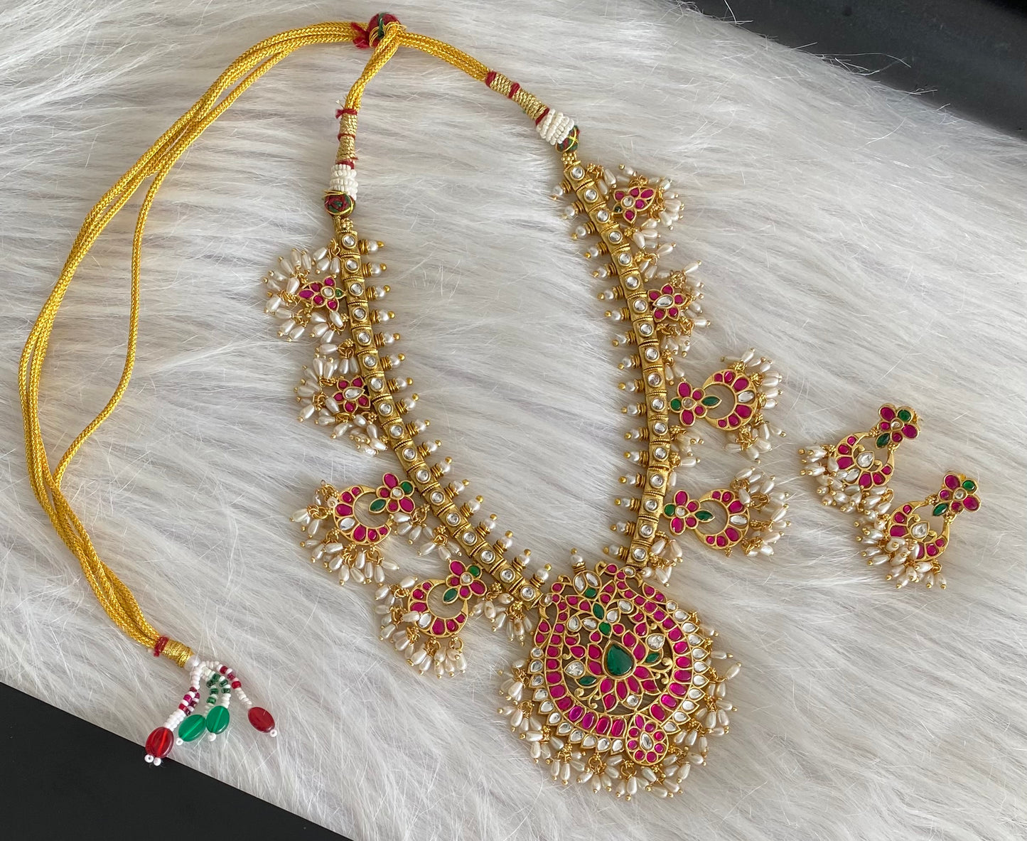 Antique gold tone peacock kundan jadau rice pearl necklace set dj-54153