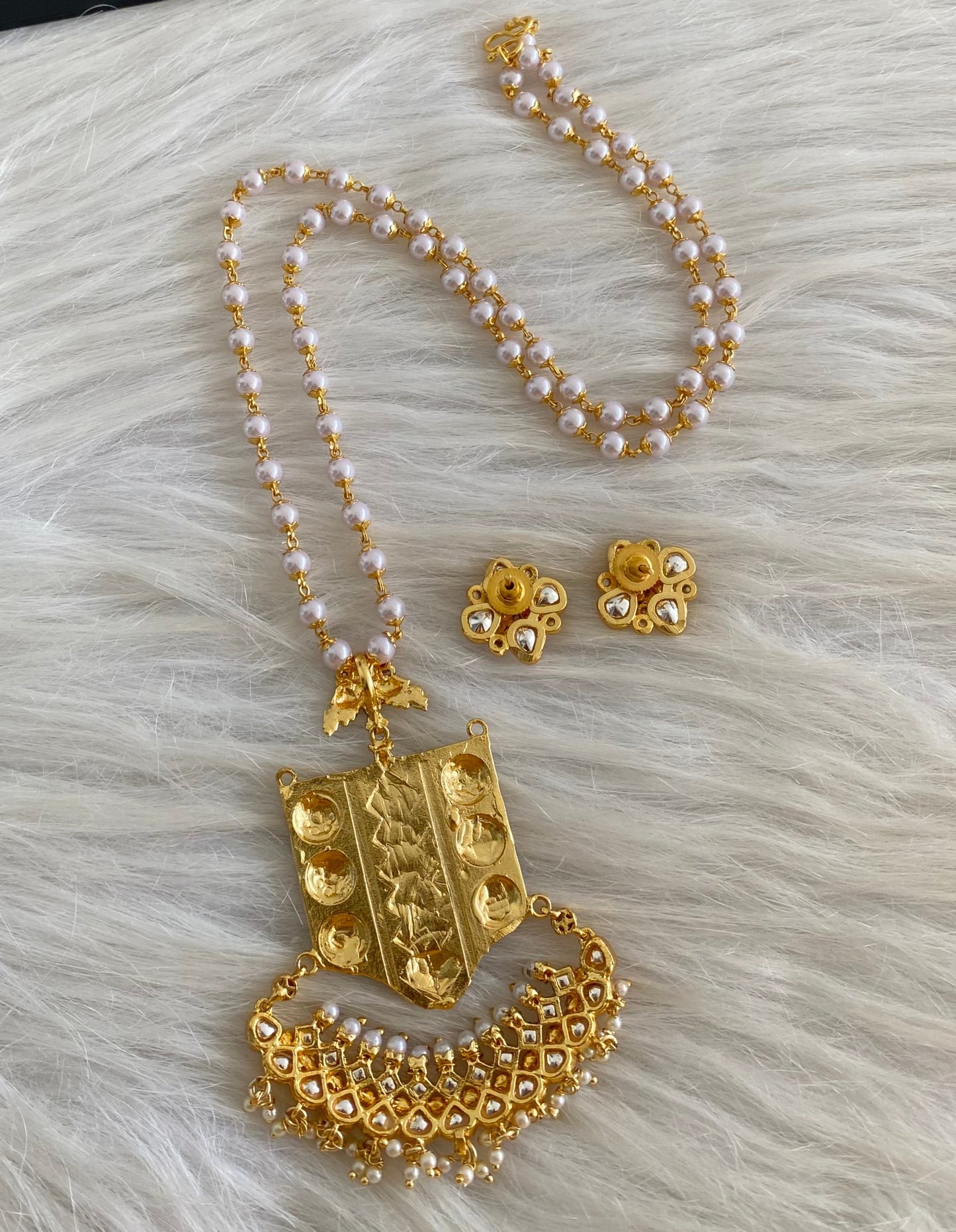 Antique gold tone Kundan jadau pearl chain with pendant set dj-53856