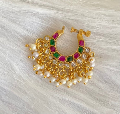 Gold tone kundan jadau pink-green-white stone pearl nose pin dj-53726