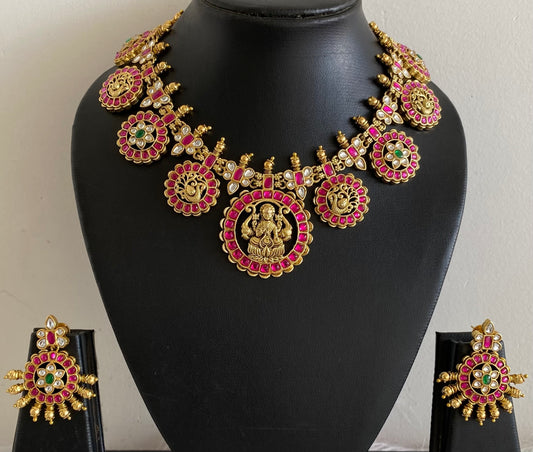 Antique gold tone lakshmi peacock flower kundan jadau necklace set dj-54164