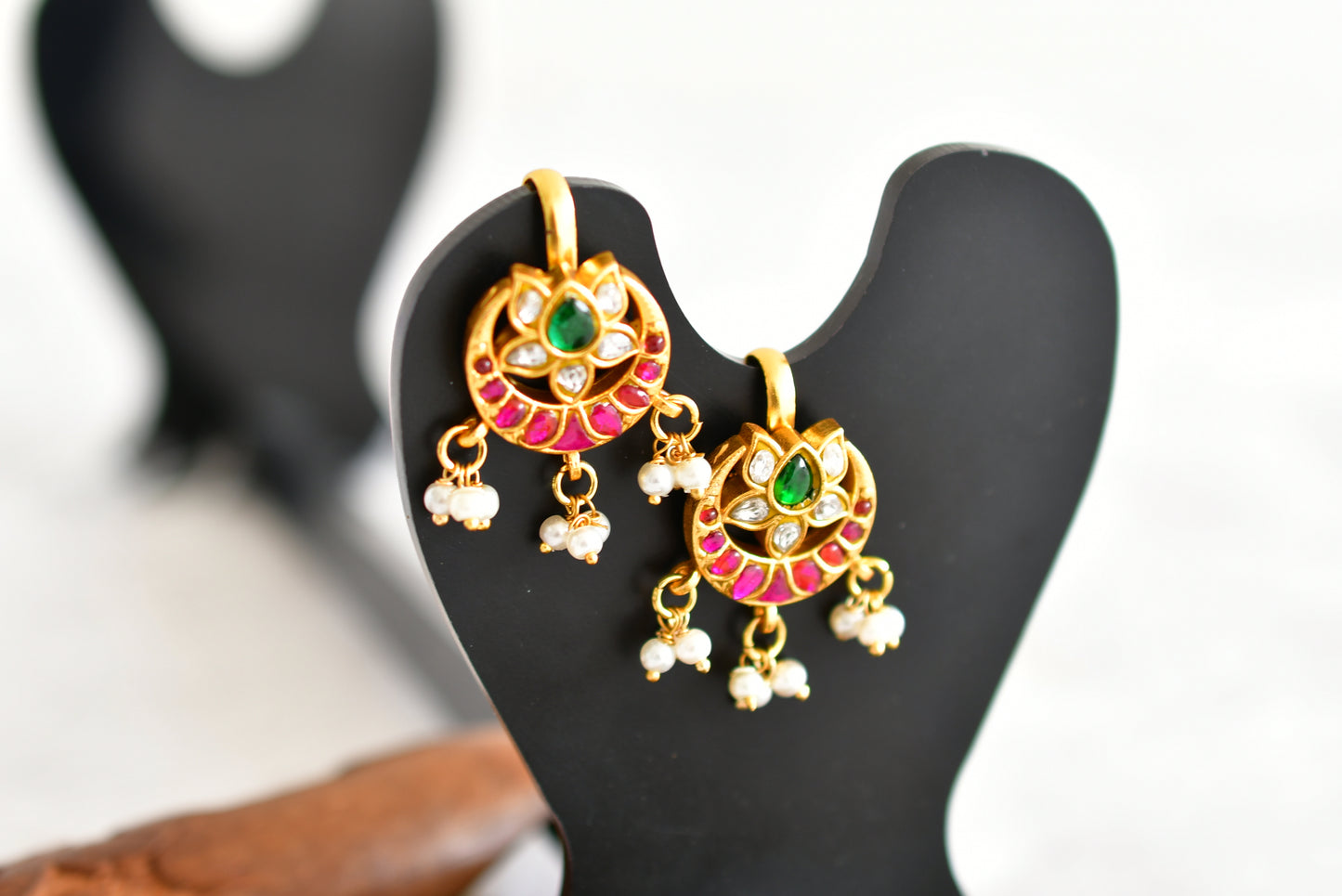 Gold tone pink-green kundan jadau lotus bugadi earrings dj-52471