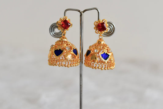 Gold tone Kerala style red-blue palakka jhumkka dj-52445
