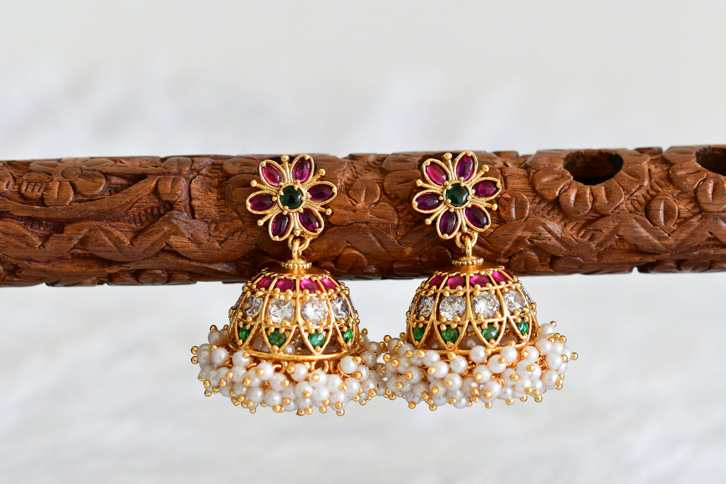 Matte finish cz kemp-green pearl cluster jhumkka dj-33784