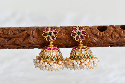 Matte finish cz kemp-green pearl cluster jhumkka dj-33784