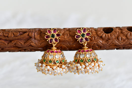 Matte finish cz kemp-green pearl cluster jhumkka dj-33784